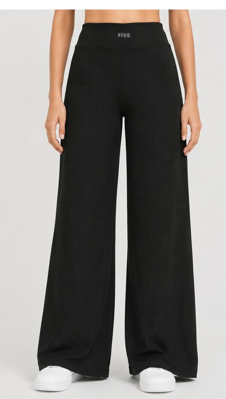 FIVE The Label Ribbed Hugh Waist Wide Leg Pants Black Womens Small NWOT